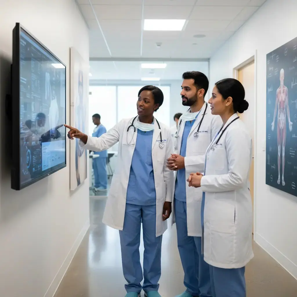 Médecins blouse blanche discussion écran Trois médecins en blouse blanche et tenue chirurgicale regardant un écran mural dans un couloir d’hôpital