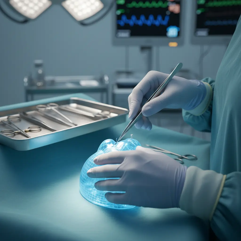 Chirurgien pratiquant augmentation mammaire avec implants en salle d'opération stérile