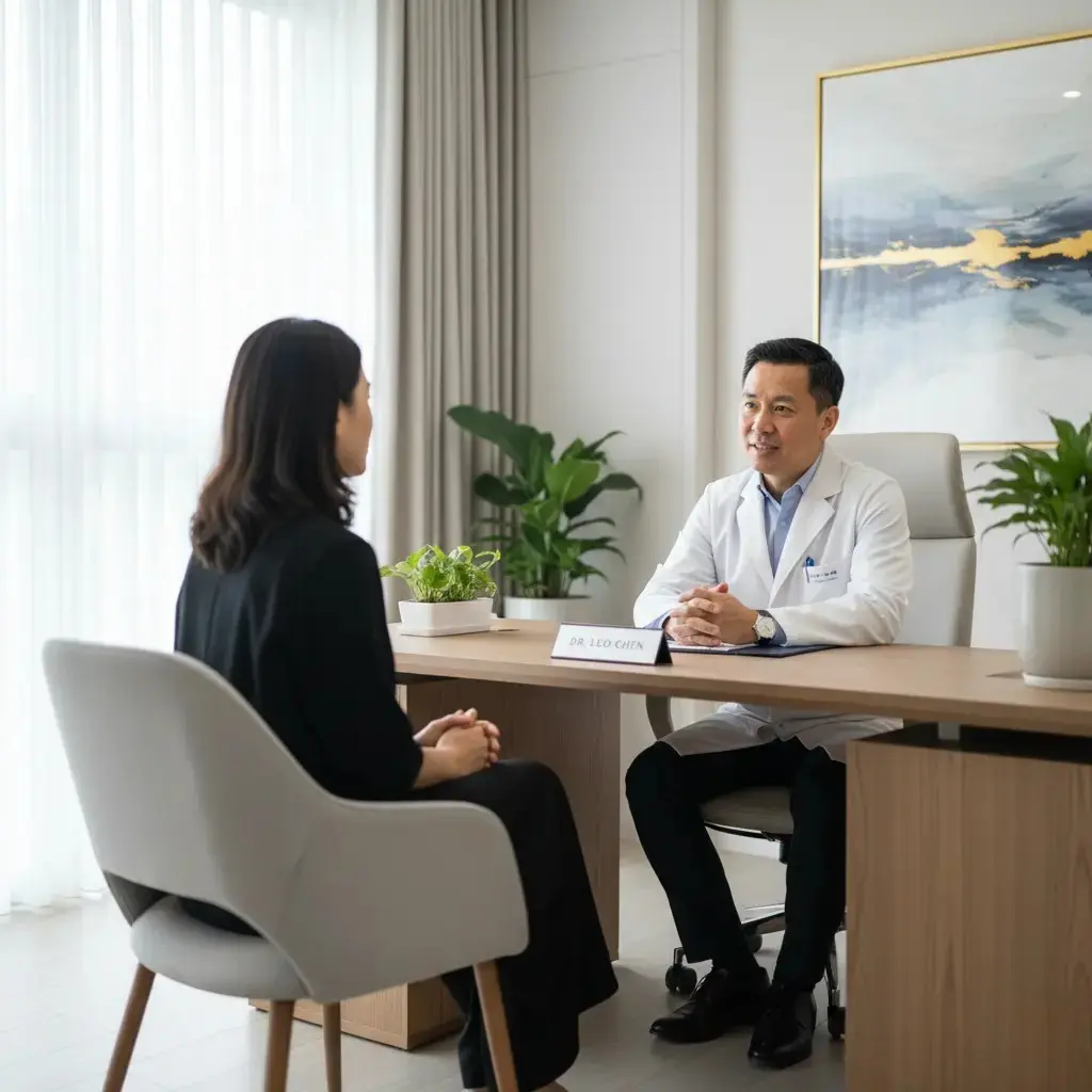 Consultation médicale docteur patient cabinet moderne Consultation médicale entre un docteur asiatique en blouse blanche et une patiente dans un cabinet médical moderne avec plantes vertes