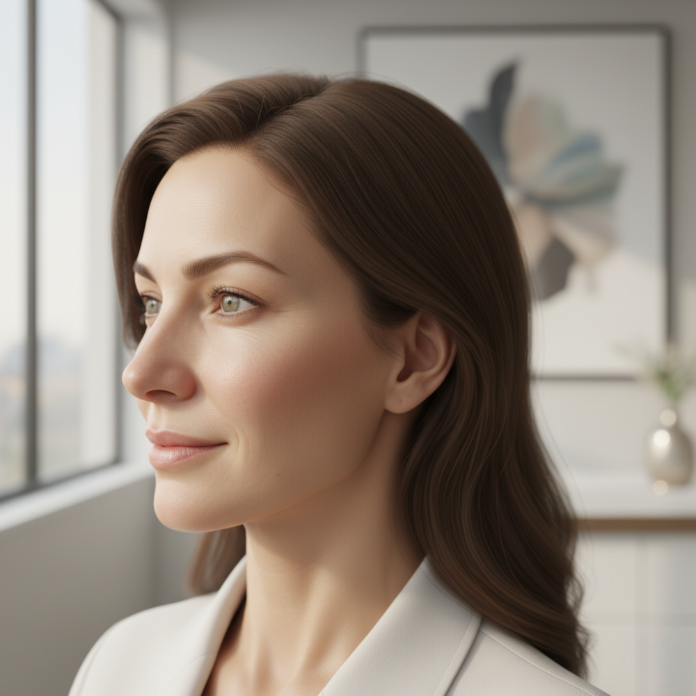 Portrait de femme avec un nez harmonieux après chirurgie esthétique