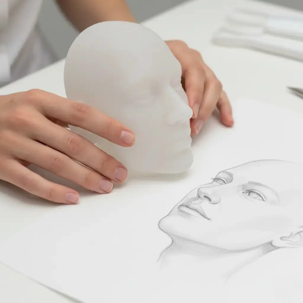 Modélisation 3D visage et croquis profil Mains manipulant une maquette de visage 3D blanche posée sur une feuille de croquis avec dessin de profil